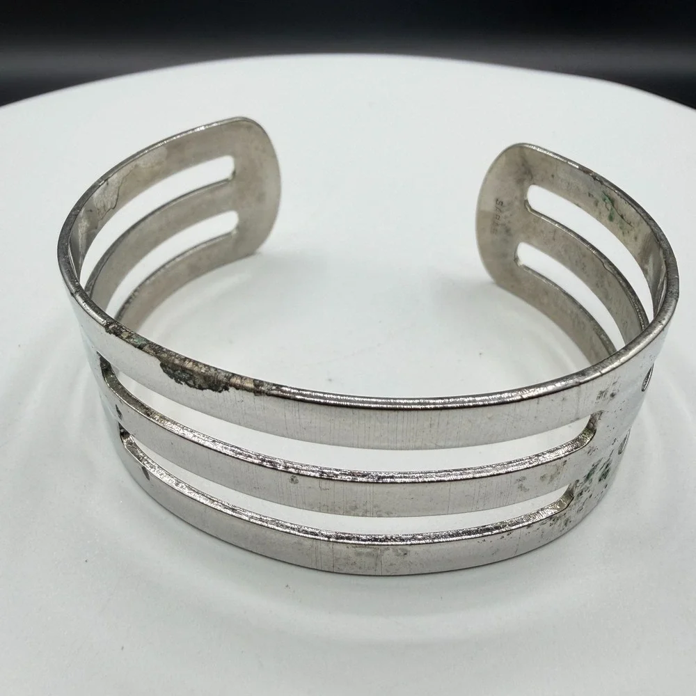 SARAH Silver Tone Openwork Triple Band Cuff Bracelet Modernist Statement Jewelry